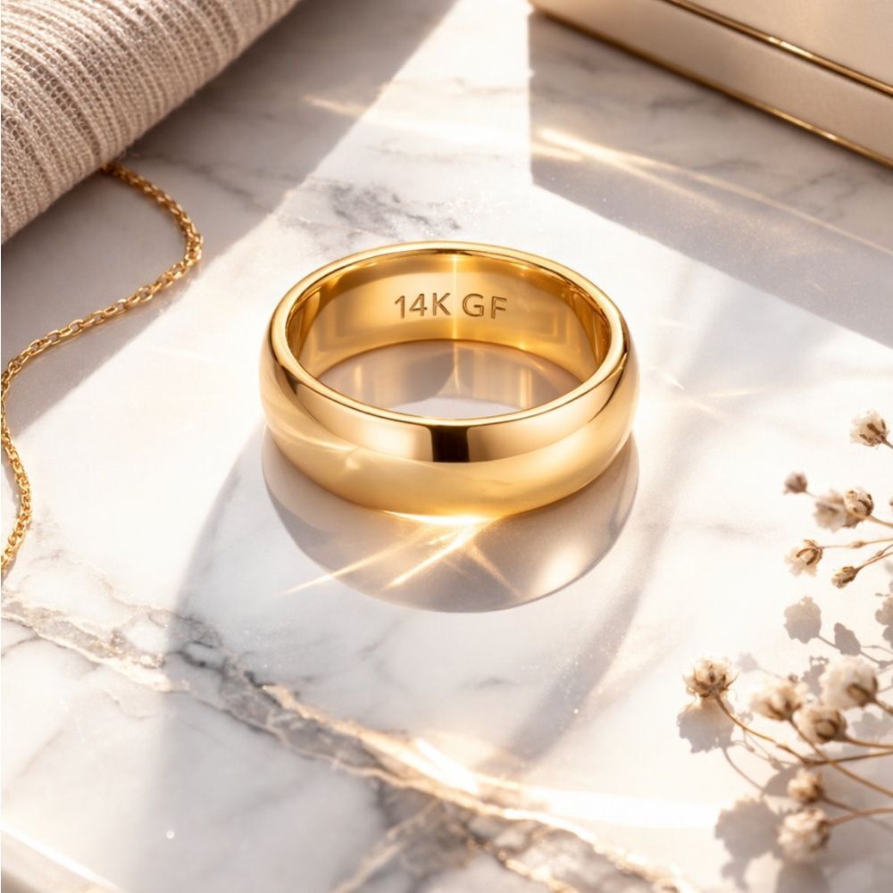 14K Gold 10mm Chunky Domed Band Ring Wide Gold Filled Unisex Comfort Statement - Picture 2 of 8